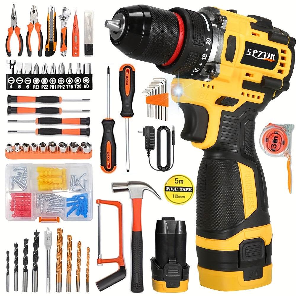 SPZTJK 128Pcs Cordless Drill Tool Kit With Two Batteries
