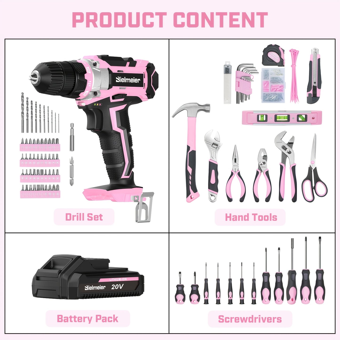 Bielmeier 236pcs Pink Tool Kit 20V Cordless Drill For Women