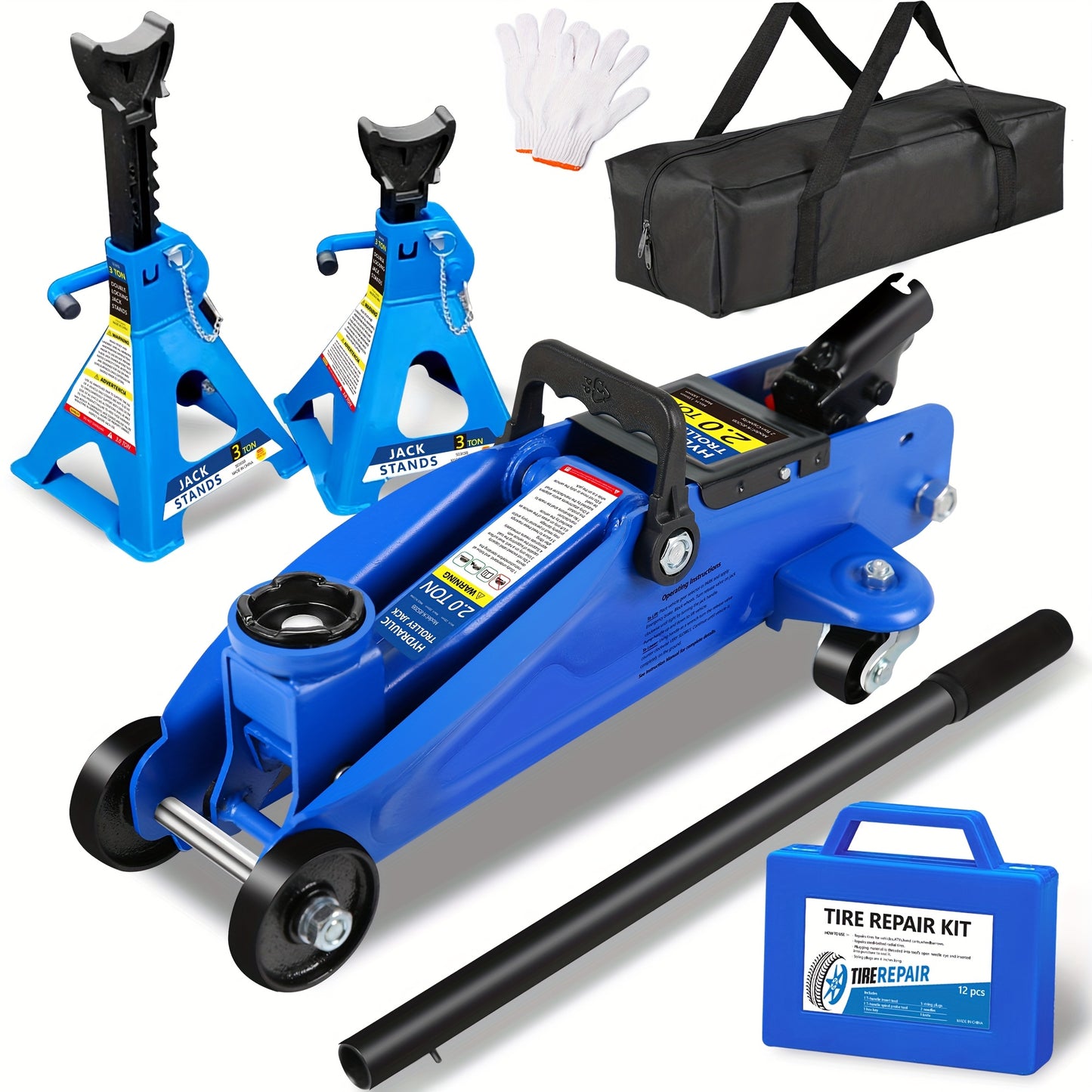 2/2.5/3 Ton Capacity, Jack Kit Low Profile Hydraulic Trolley Service/Floor Jack Combo, Multiple meal plans to choose from 3 Ton Jack Stands 2PCS, Tire Repair Kit, 14-inch Wheel Cross Wrench, Wheel Chock, Jack Accessories Red/