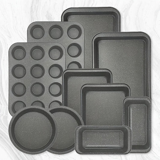10pcs Nonstick Baking Pans Set Kitchen Baking Sheets for Oven, Bakeware Sets with Round/Square Cake Pan, Muffin Pan, Loaf Pan, Roast Pan, Cookie Sheet Set Baking Supplies Grey