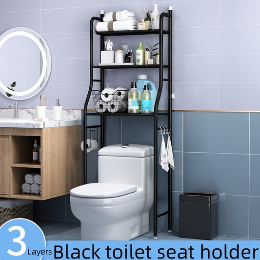 3-Tier Metal Over-The-Toilet Storage Rack with Roll Paper Holder & Hooks - Space-Saving Bathroom Organizer, Freestanding Laundry Rack, Classic Black Floor-Standing Design for Bathroom & Laundry Room, Sturdy Construction