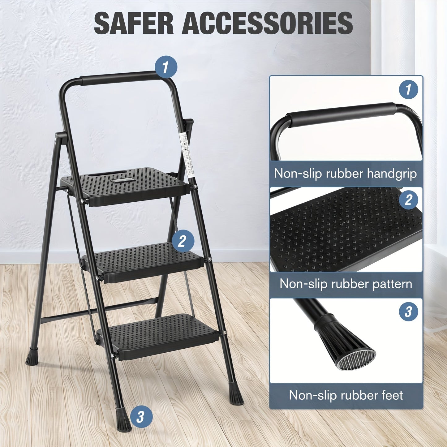 Smug 3 Step Folding Step Ladder 800 Lbs Anti Slip Handle
