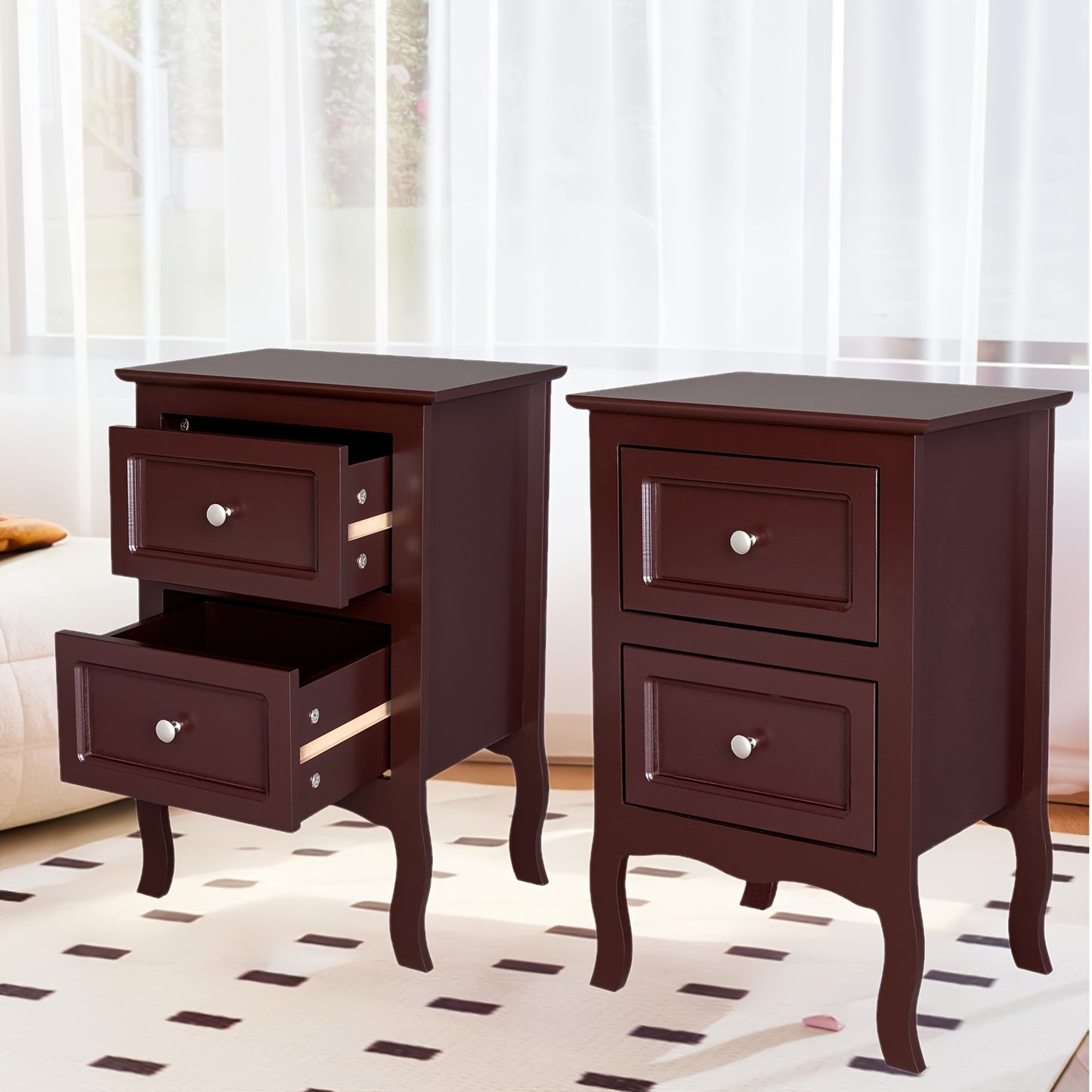 Pastoral Style Double Drawer Bedside Table Multicolor Painted Finish
