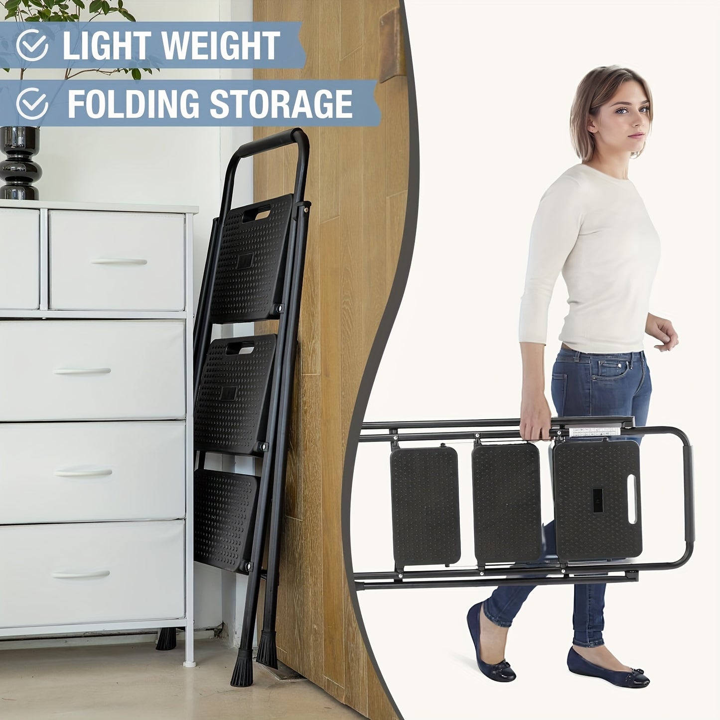 Smug 3 Step Folding Step Ladder 800 Lbs Anti Slip Handle
