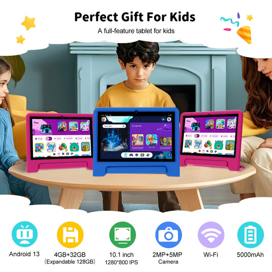 Android 13 Tablet, 10.1-inch Kids Tablet, 1280*800, 4GB(2GB+2GB Expandable) ROM, 32GB RAM, WiFi, 5000mAh, Dual Camera, Parental Controls, Preloaded Apps, Games, Learning Education Tablet with Case, Tablet PC, Eye-Protection,