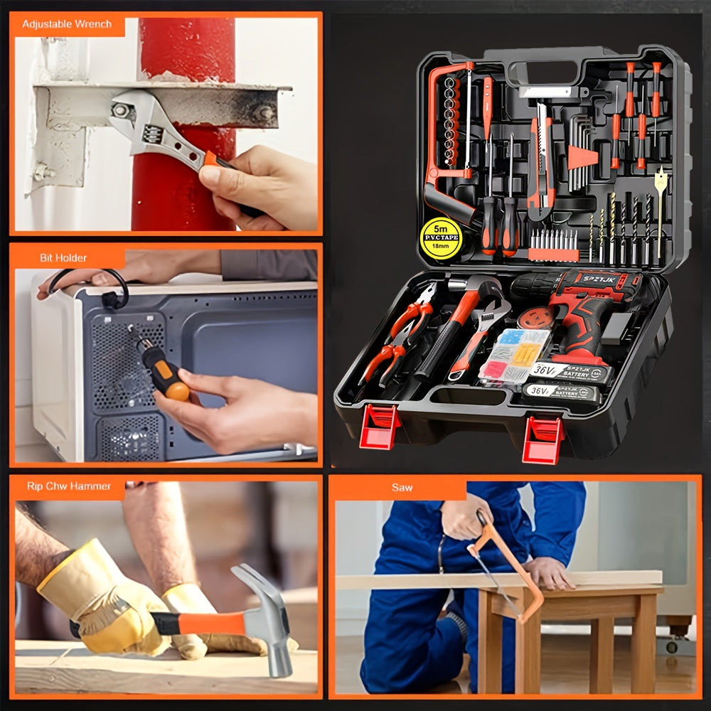 SPZTJK 128Pcs Cordless Drill Tool Kit With Two Batteries