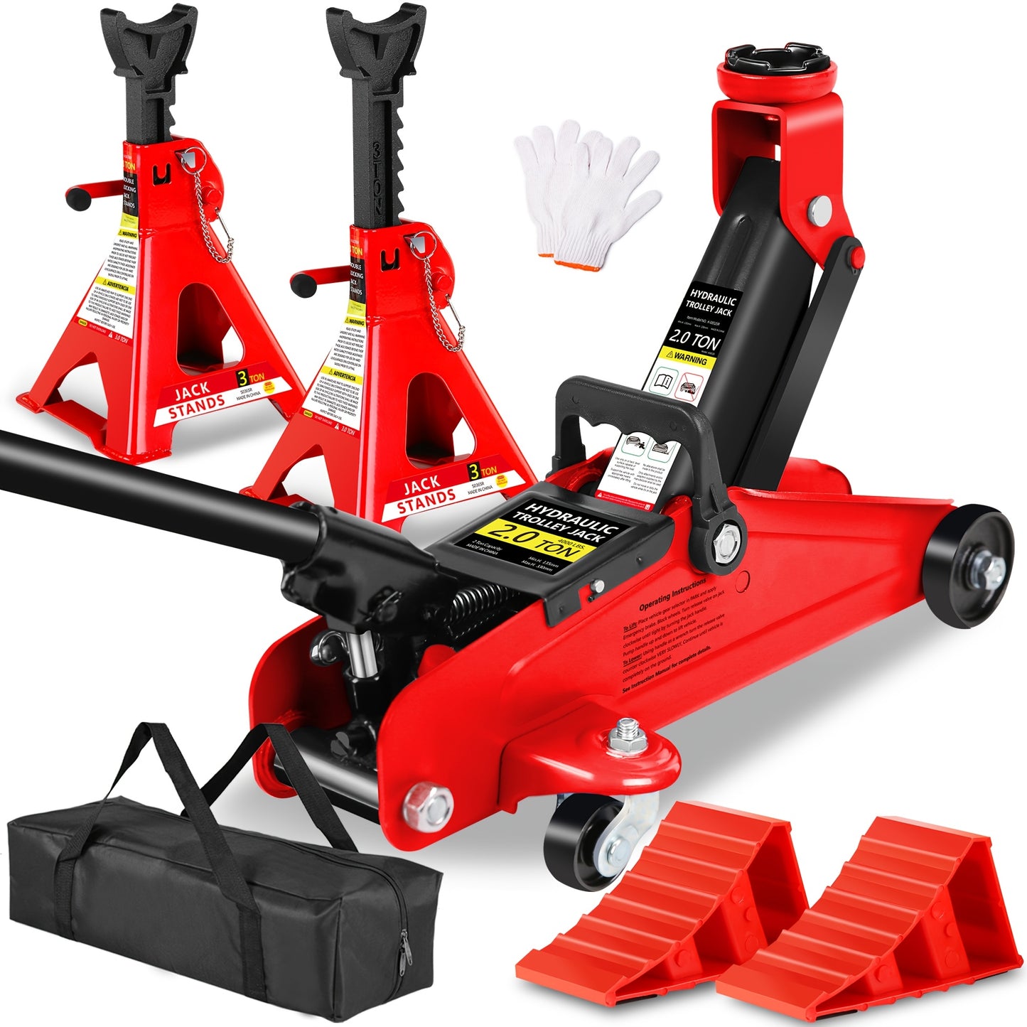 2/2.5/3 Ton Capacity, Jack Kit Low Profile Hydraulic Trolley Service/Floor Jack Combo, Multiple meal plans to choose from 3 Ton Jack Stands 2PCS, Tire Repair Kit, 14-inch Wheel Cross Wrench, Wheel Chock, Jack Accessories Red/