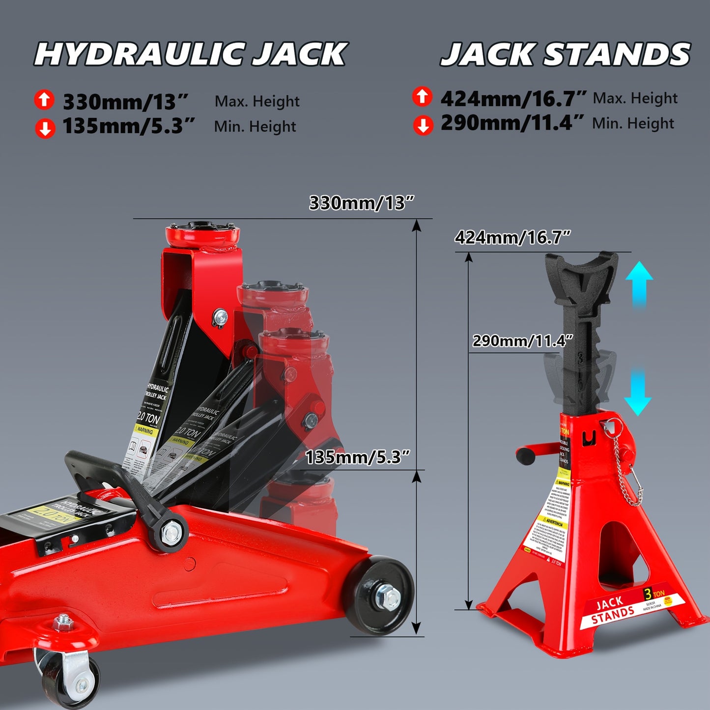 2/2.5/3 Ton Capacity, Jack Kit Low Profile Hydraulic Trolley Service/Floor Jack Combo, Multiple meal plans to choose from 3 Ton Jack Stands 2PCS, Tire Repair Kit, 14-inch Wheel Cross Wrench, Wheel Chock, Jack Accessories Red/