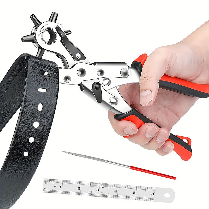 1pc Durable Stainless Steel Leather Hole Punch Pliers, Revolving Multi-Slot Belt and Watch Band Puncher, Handheld Eyelet Punch Tool for Leathercraft, Sewing & DIY Projects