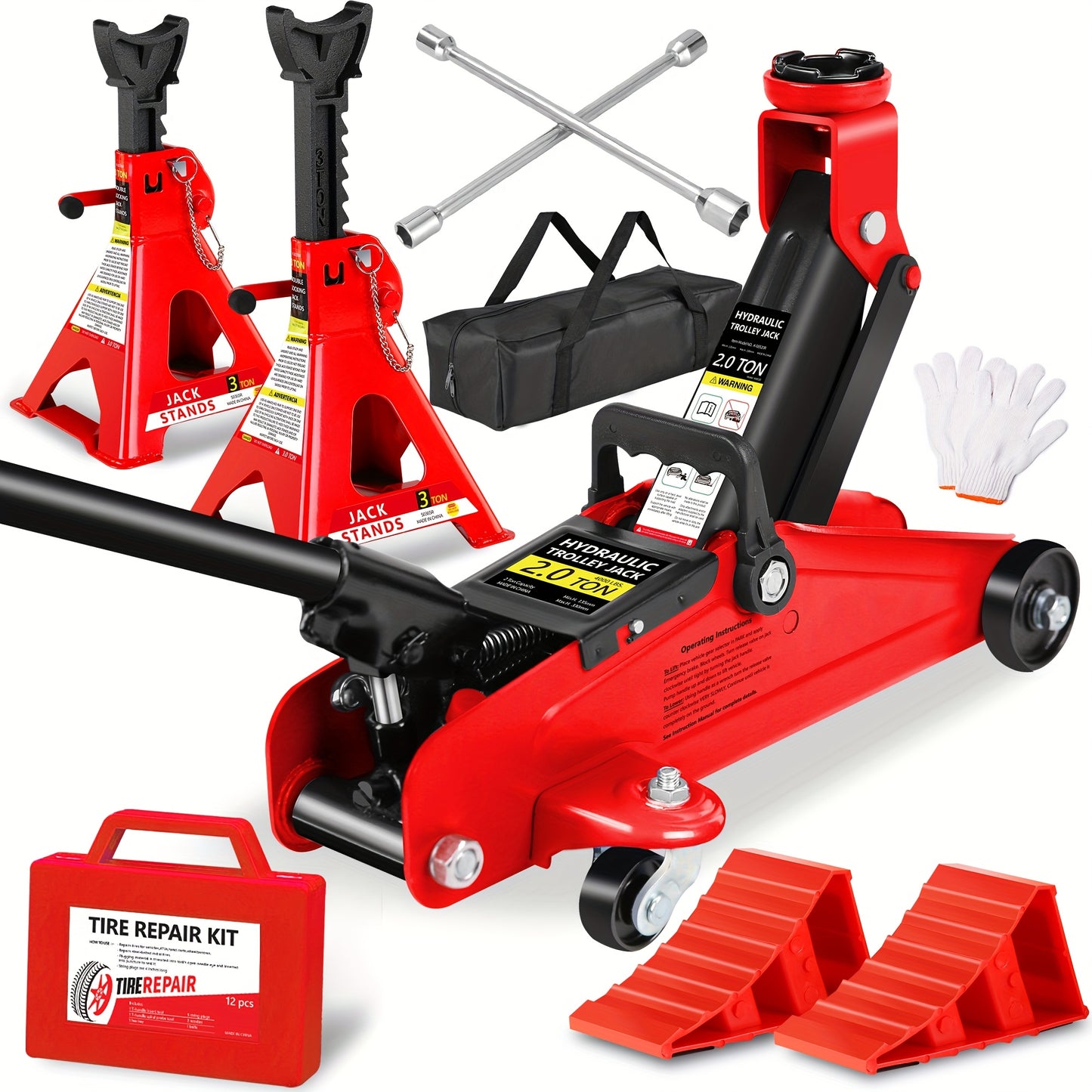 2/2.5/3 Ton Capacity, Jack Kit Low Profile Hydraulic Trolley Service/Floor Jack Combo, Multiple meal plans to choose from 3 Ton Jack Stands 2PCS, Tire Repair Kit, 14-inch Wheel Cross Wrench, Wheel Chock, Jack Accessories Red/