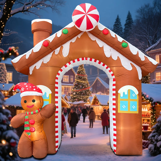10FT Christmas Inflatables Gingerbread House Archway, Blow Up Christmas Inflatables Archway With Gingerbread Man Outdoor Decorations With Build-in LED Lights For Garden Lawn Porch Holiday Party Decor