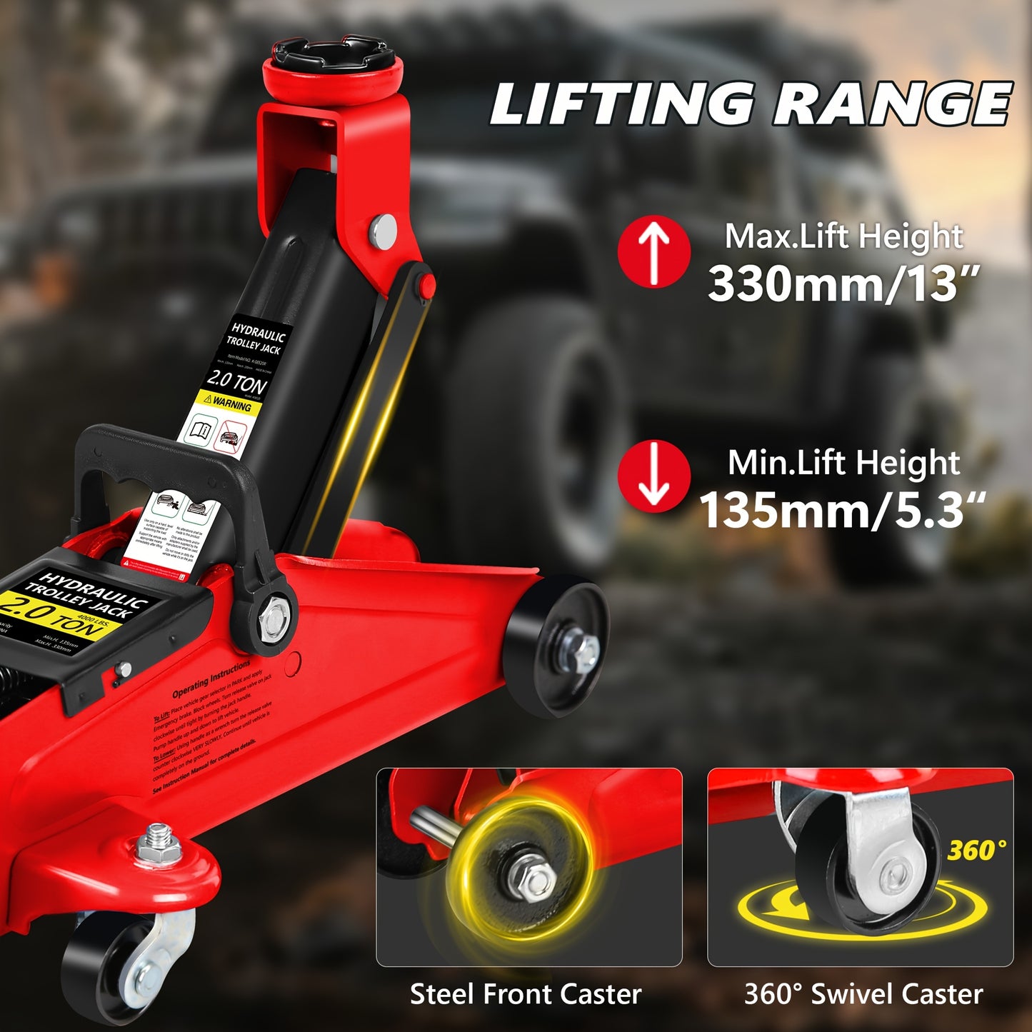 2/2.5/3 Ton Capacity, Jack Kit Low Profile Hydraulic Trolley Service/Floor Jack Combo, Multiple meal plans to choose from 3 Ton Jack Stands 2PCS, Tire Repair Kit, 14-inch Wheel Cross Wrench, Wheel Chock, Jack Accessories Red/