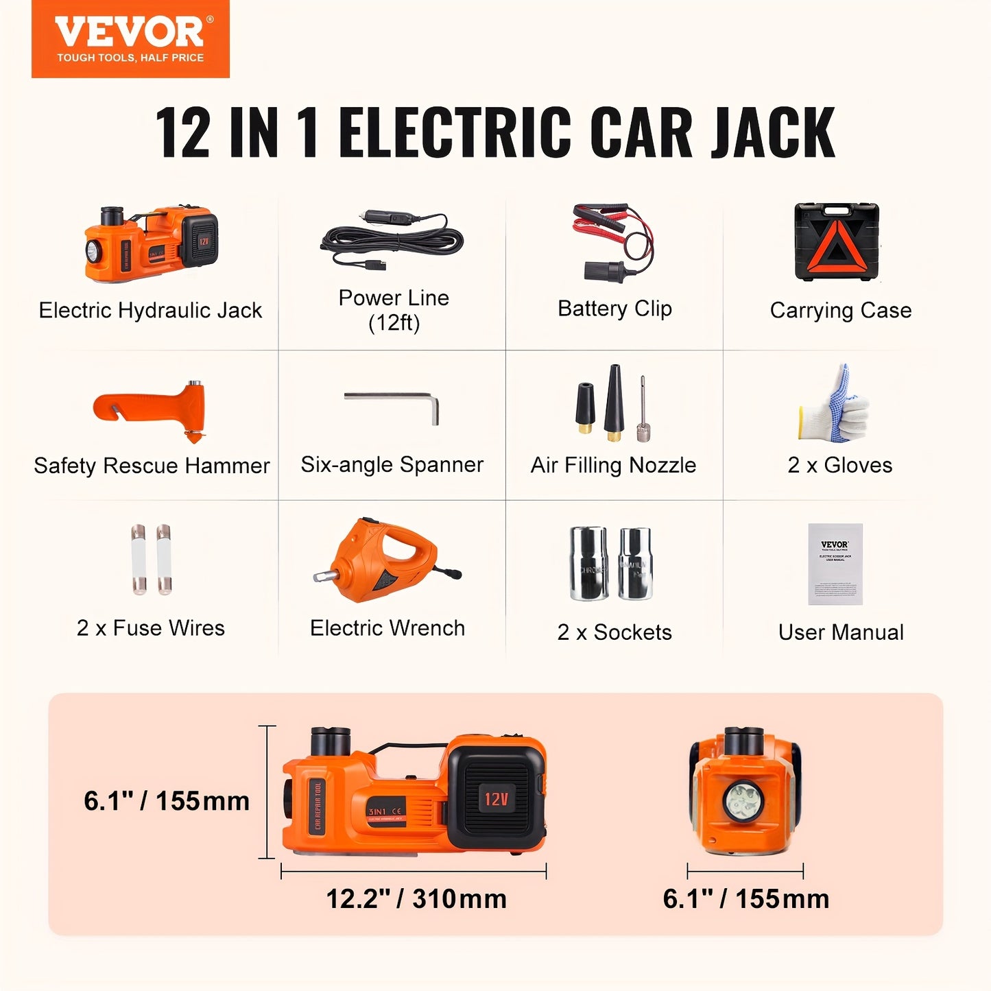 Happybuy Electric Car Jack, 5 Ton/11023 LBS Hydraulic Jack Lift with Electric Impact Wrench, Built-in Inflatable Pump, And LED Light for SUV MPV Sedan Truck Change Tires Garage Repair