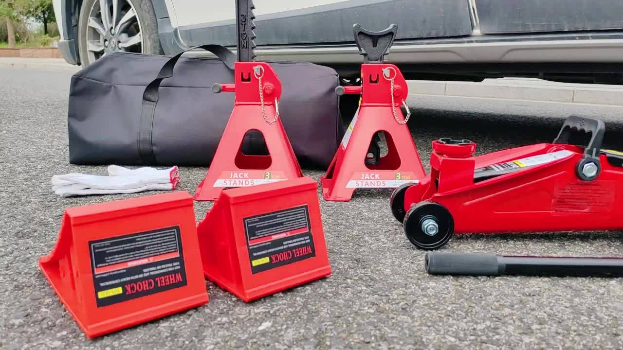 2/2.5/3 Ton Capacity, Jack Kit Low Profile Hydraulic Trolley Service/Floor Jack Combo, Multiple meal plans to choose from 3 Ton Jack Stands 2PCS, Tire Repair Kit, 14-inch Wheel Cross Wrench, Wheel Chock, Jack Accessories Red/
