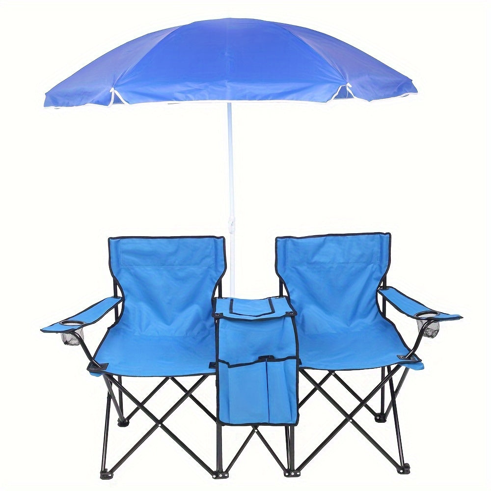 Outdoor Folding Chair 2 Seat Portable With Removable Sun Umbrella Blue