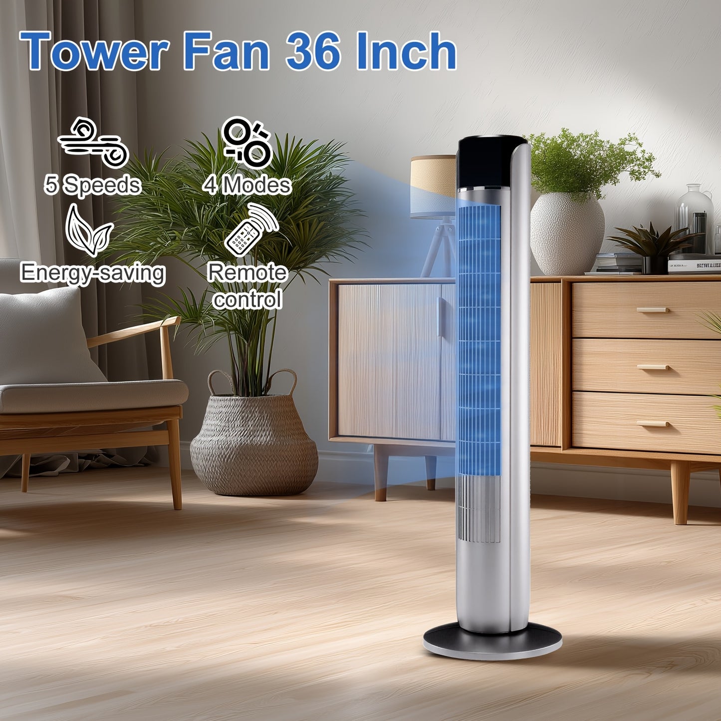 36 Inch Bladeless Oscillating Tower Fan with Remote Control, 5 Speeds 4 Modes, Ultra Quiet 28dB, 12H Timer, Portable Floor Fan for Home Bedroom Office
