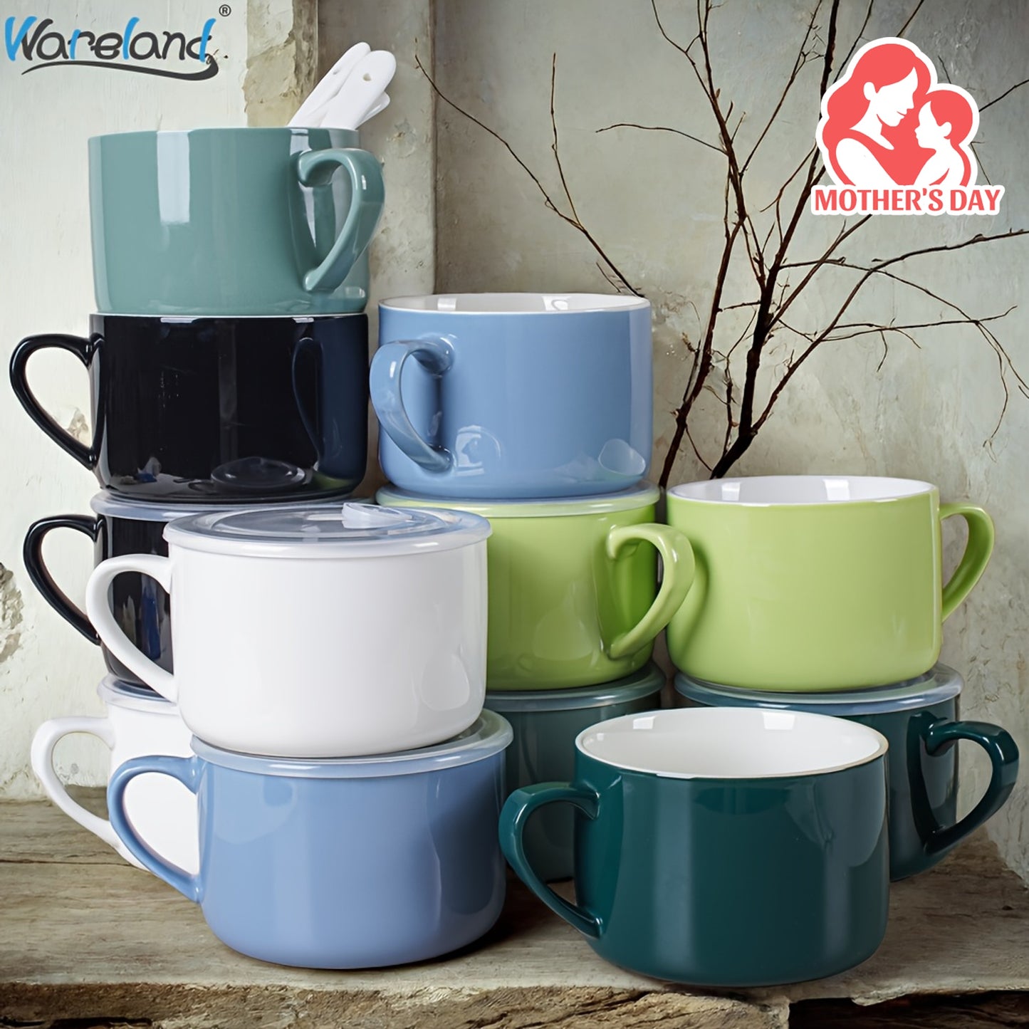 6pcs Soup Bowls with Handles & Spoons, 30oz Ceramic Ramen Bowl with Lid, Large Soup Mugs/Cups for Instant Noodle, Big Cereal Bowls for Oatmeal, Salad Containers with Lids, Mother's Day/Valentine's Day Gift