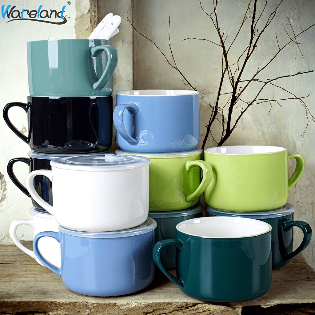 6pcs Soup Bowls with Handles & Spoons, 30oz Ceramic Ramen Bowl with Lid, Large Soup Mugs/Cups for Instant Noodle, Big Cereal Bowls for Oatmeal, Salad Containers with Lids, Mother's Day/Valentine's Day Gift