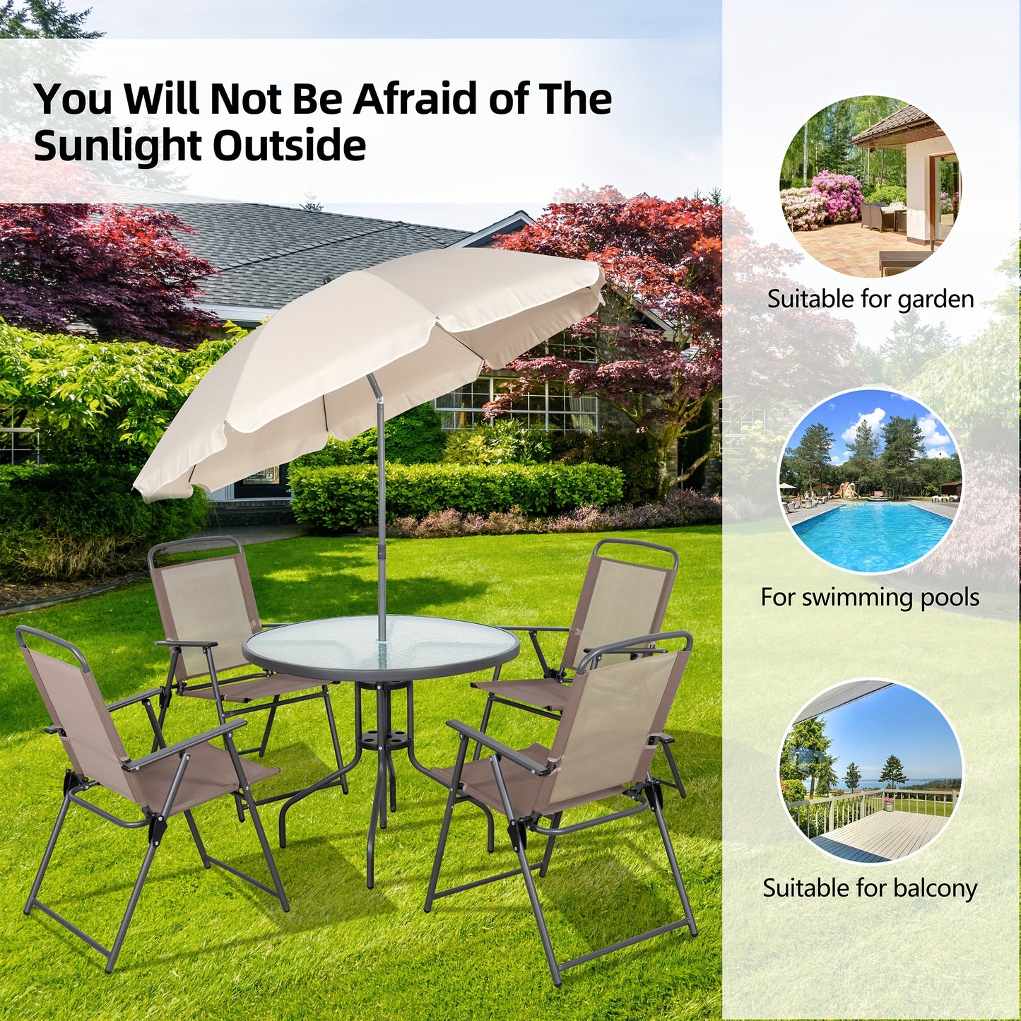 JY QAQA Folding Patio Dining Set 6 Piece All Weather Glass Table And 4 Chairs