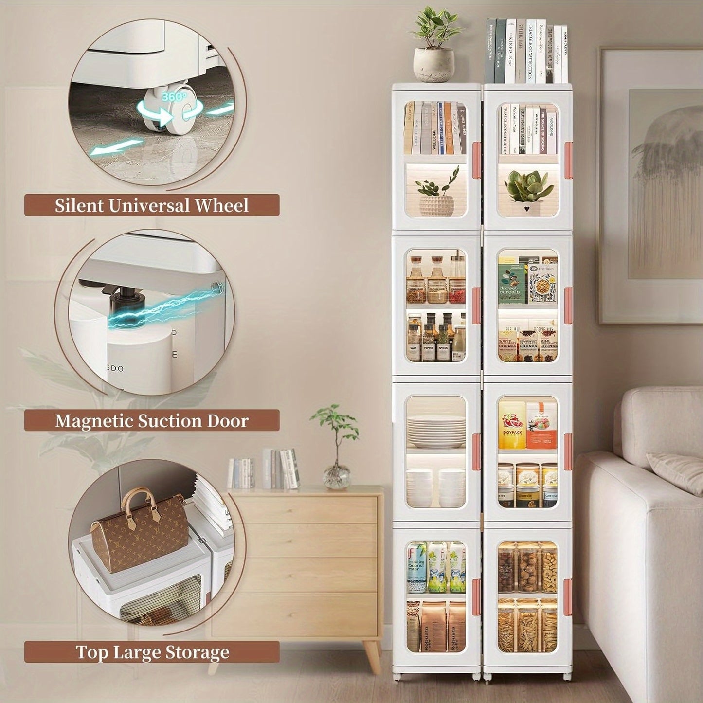 4 Layer White Adjustable Gap Cabinet With Transparent Door Movable Shelves