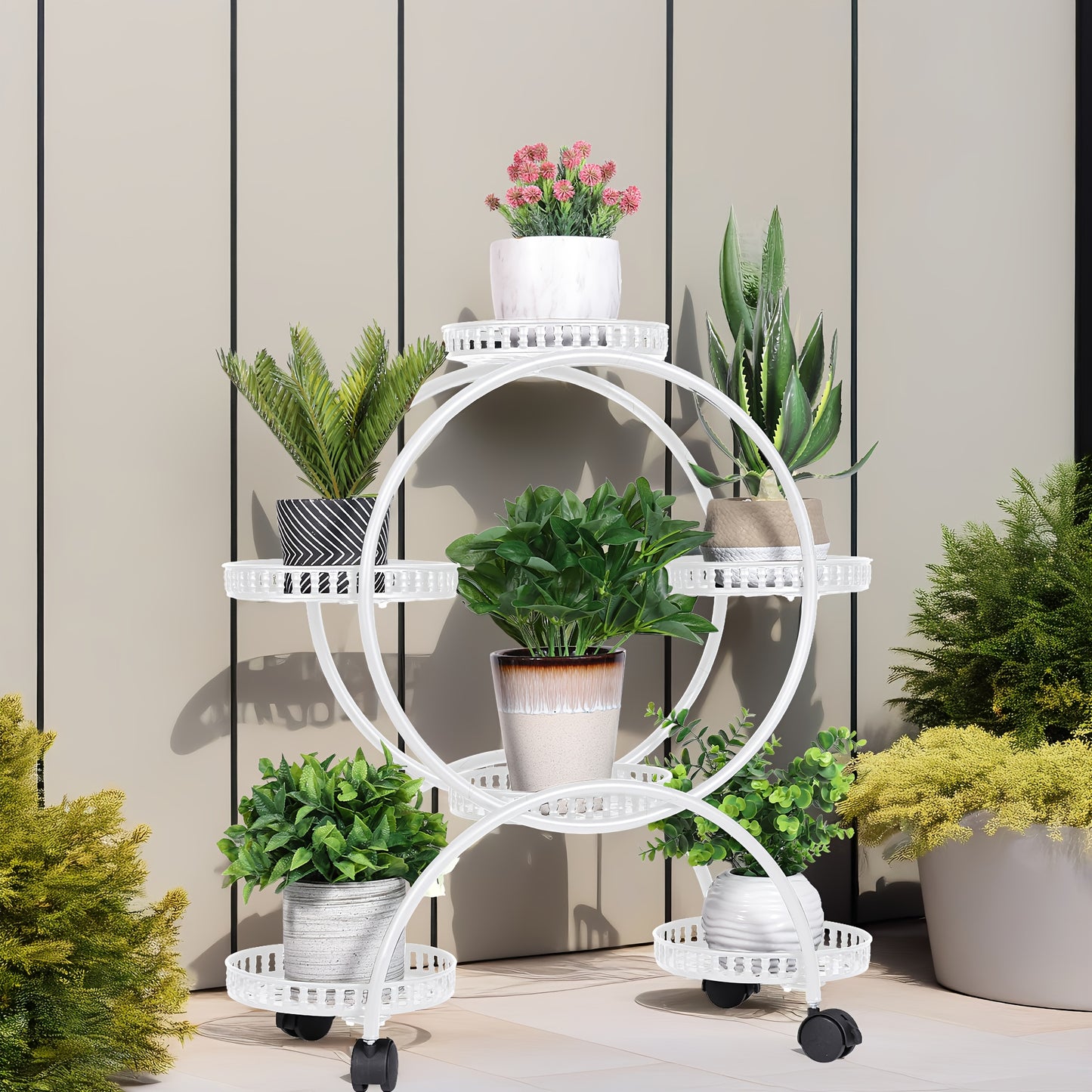 6 Pot Metal Plant Stand With Wheels Wrought Iron Garden Cart For Patio