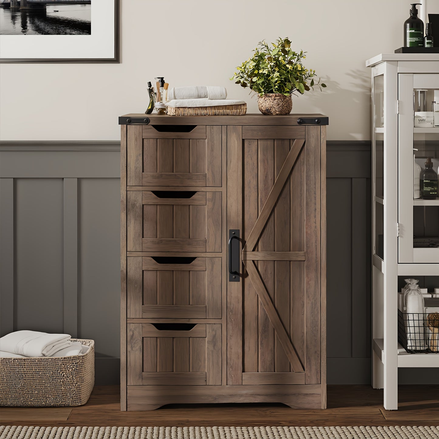 White Freestanding Rustic Slim Bathroom Storage Cabinet With 4 Drawers And Door