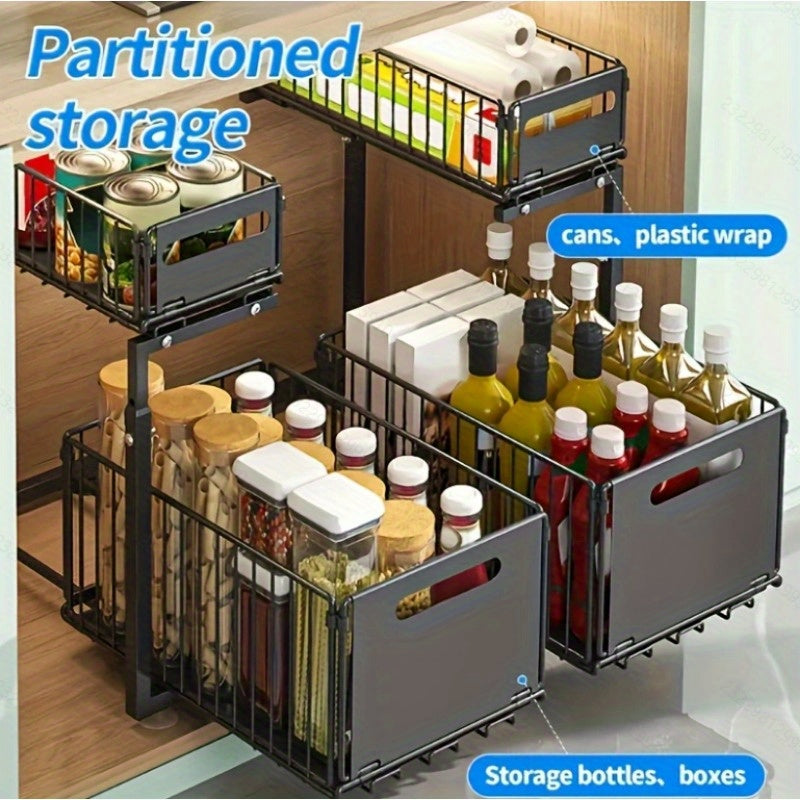 Two Level Pull Out Under Sink Organizer Carbon Steel For Kitchen Bath Storage