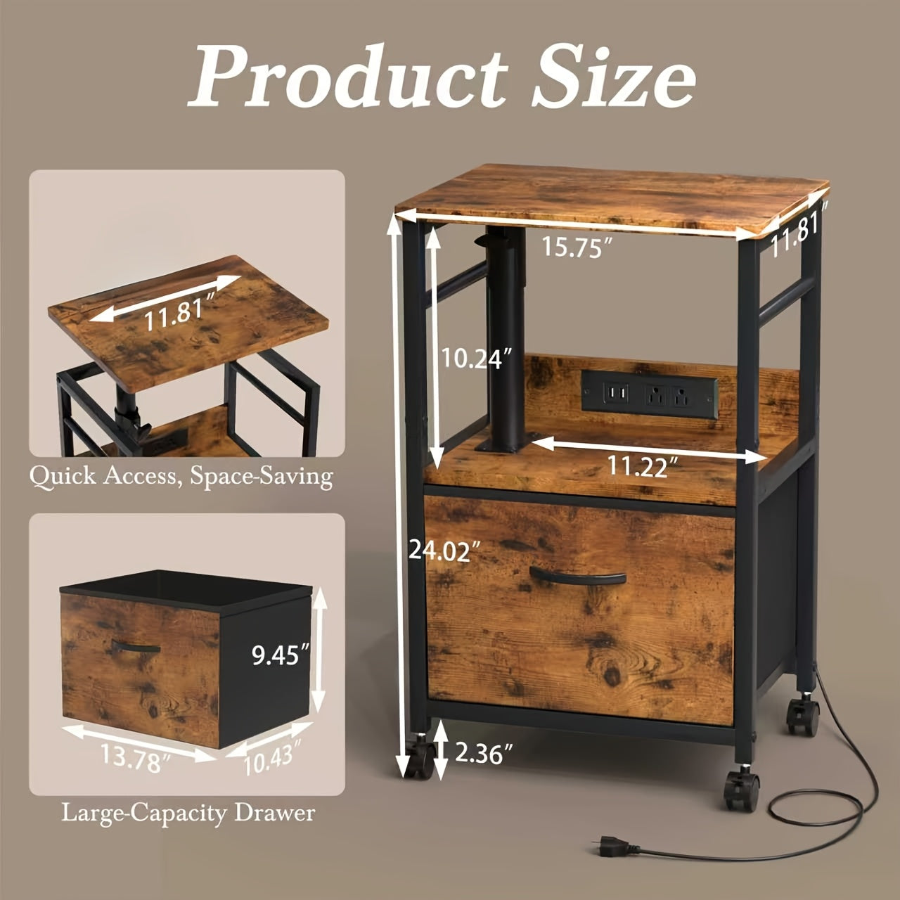 2 Tier Swivel Lift Top Nightstand With Charging Station And Wheels Rustic Brown