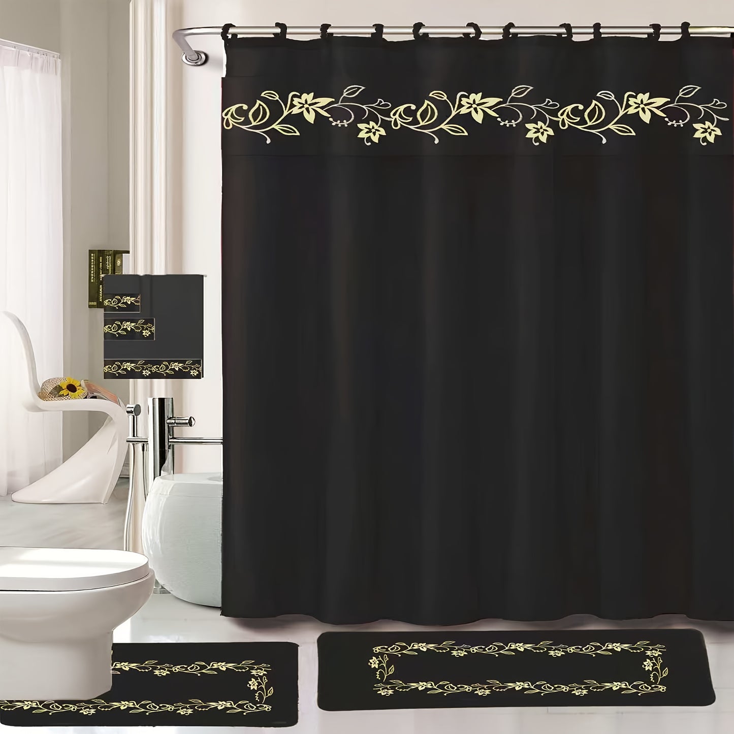 Shower Curtain Set With Embroidery And Non Slip Bath Rug Mats 3 Piece Towel Set