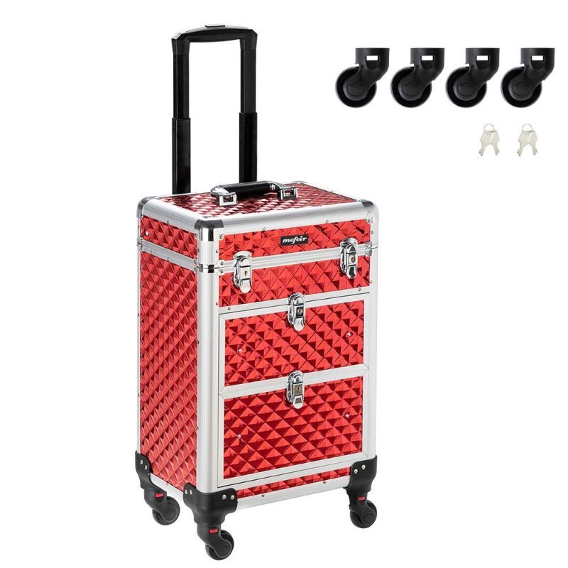 OMYSALON Aluminum Rolling Makeup Train Case Lockable 4 Wheels And 2 Drawers