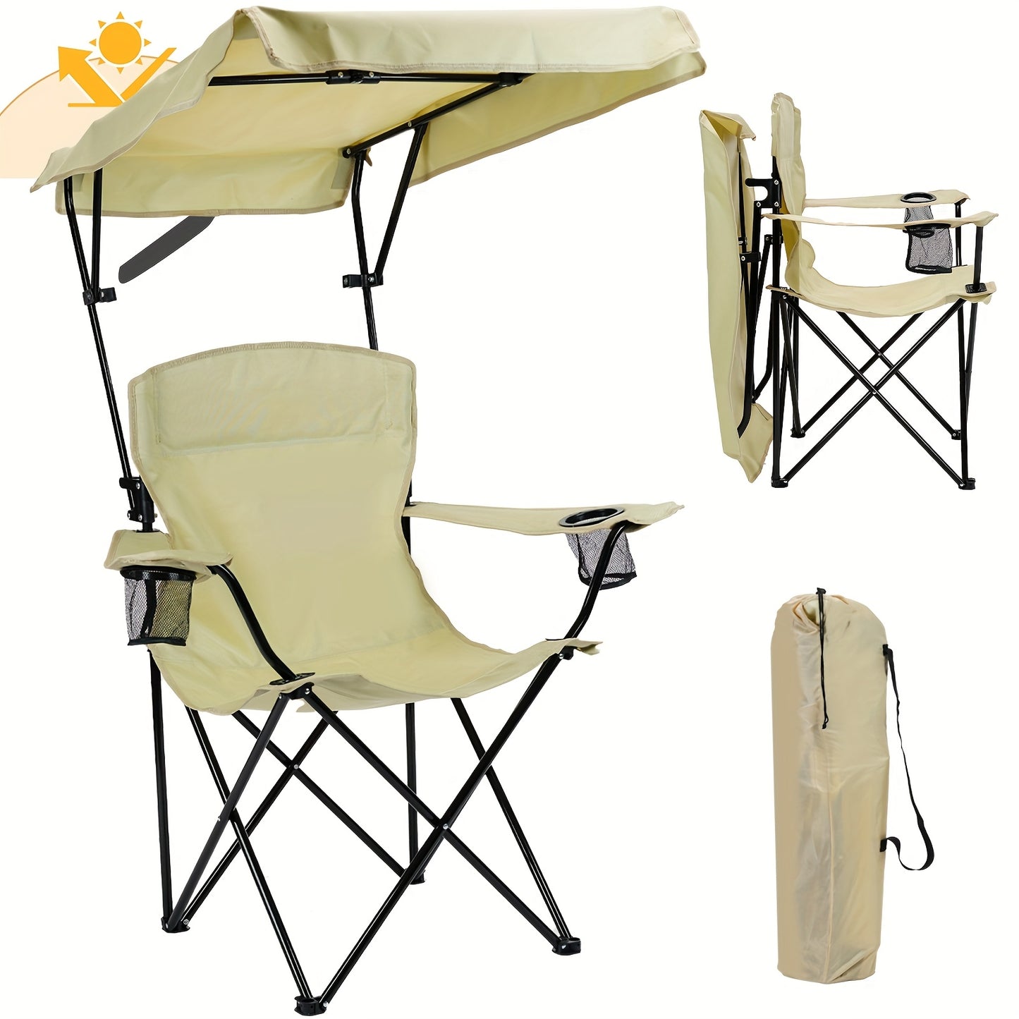 Foldable Portable Outdoor Chair With Shade Canopy And Side Pocket For Camping