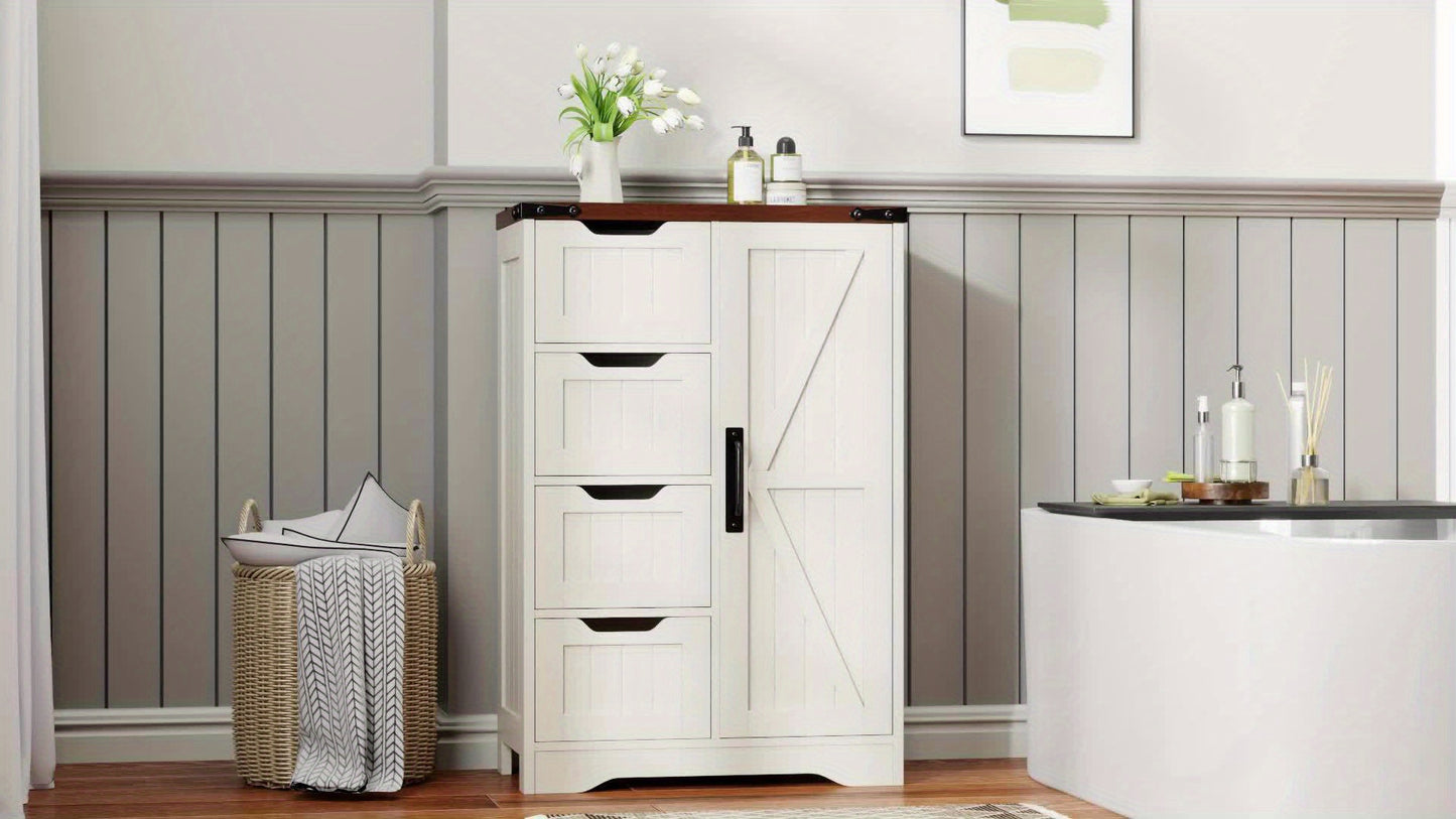 White Freestanding Rustic Slim Bathroom Storage Cabinet With 4 Drawers And Door