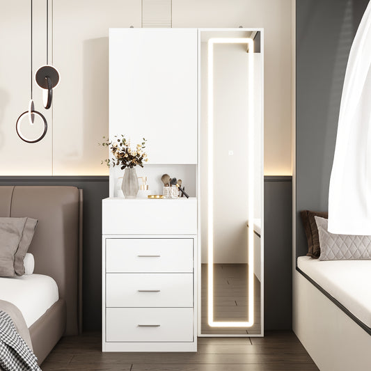 Modern Vanity Table With Drawers And Illuminated Full Body Mirror White