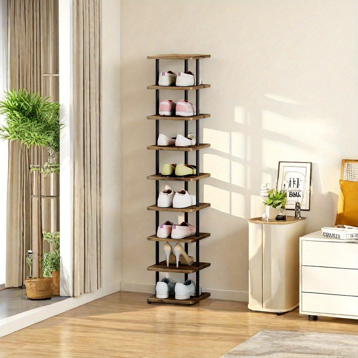 9 Tier Narrow Metal Shoe Rack - Modern Free Standing Vertical Storage Organizer for Closet Entryway Bedroom