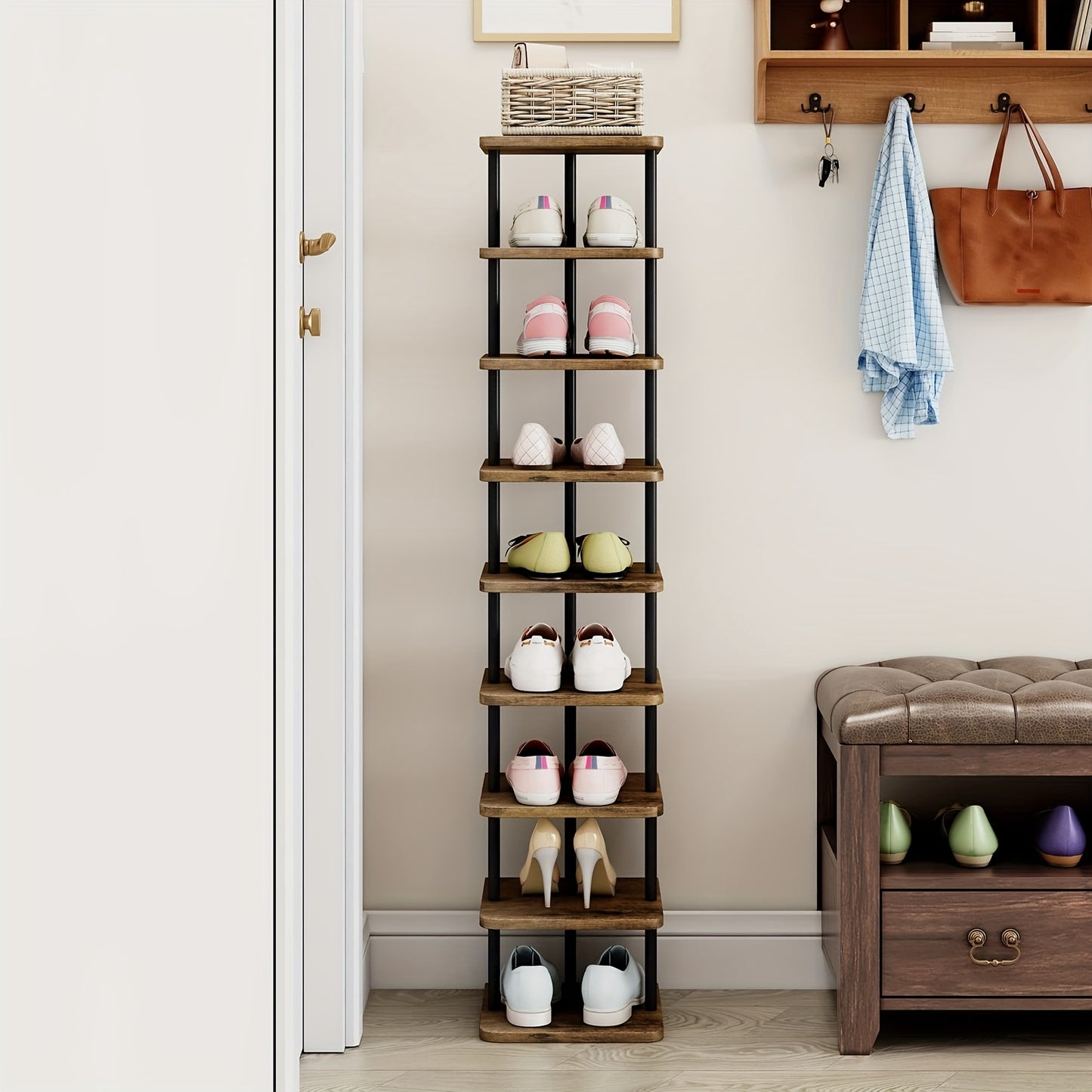 9 Tier Narrow Metal Shoe Rack - Modern Free Standing Vertical Storage Organizer for Closet Entryway Bedroom