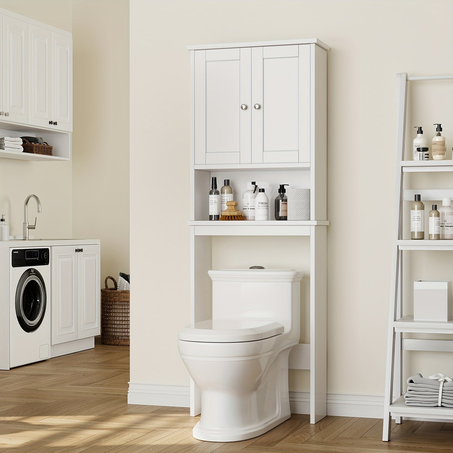 JY QAQA Over The Toilet Storage Cabinet White Space Saver With Adjustable Shelf