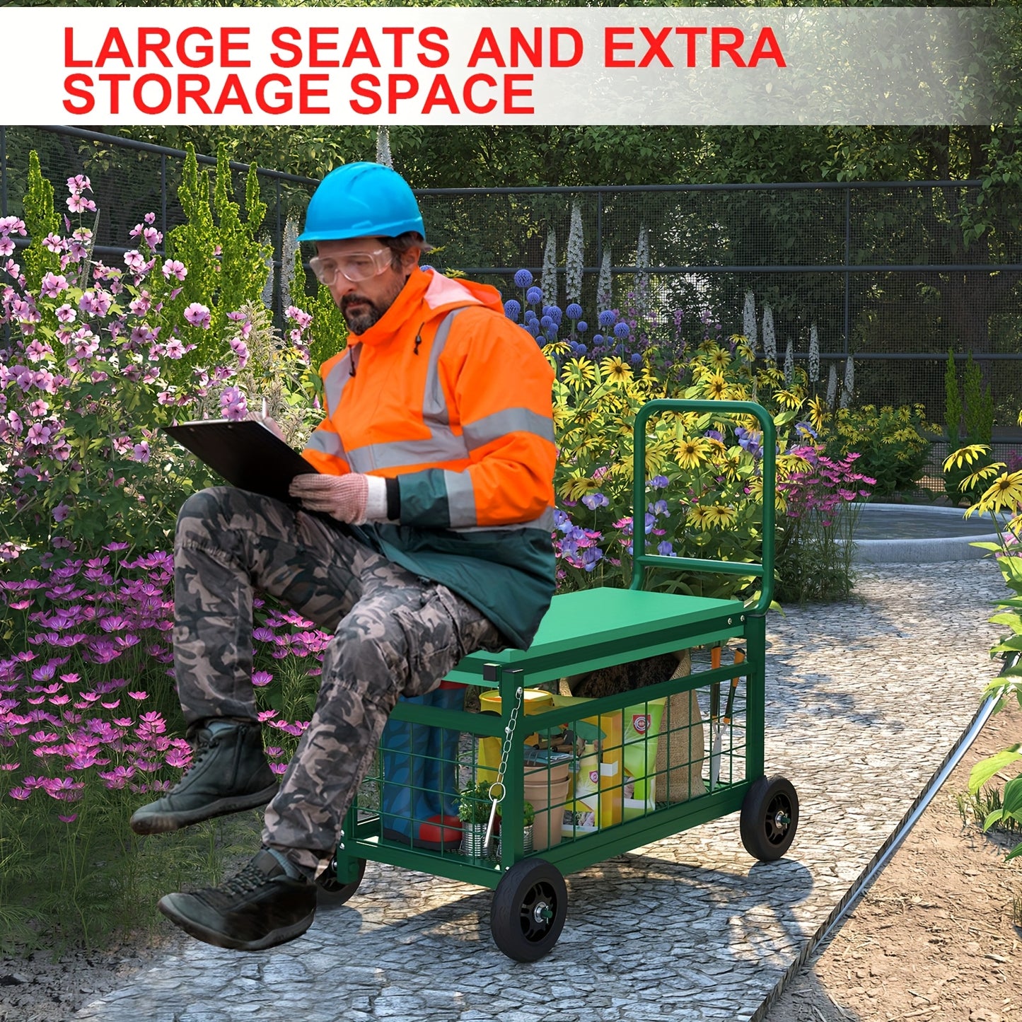 Heavy Duty Rolling Garden Seat Cart With Dual Position Seat And Storage Basket
