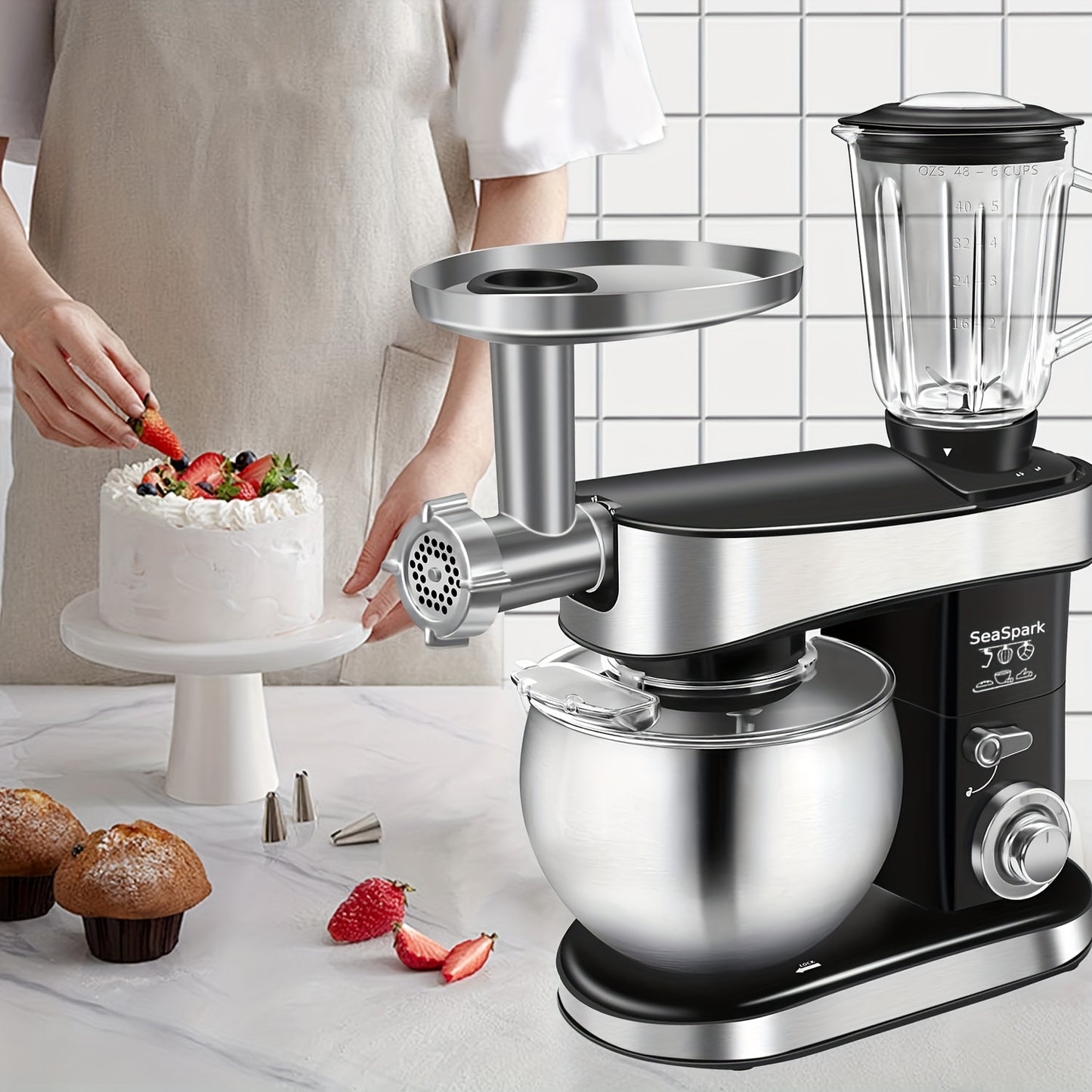 6-in-1 Electric Vertical Mixer, 400W 6-speed with Pulse Button, Accessories with 6.3QT Stainless Steel Bowl, Mixer, Dough Hook, Egg Beater, Spatula, Juicer Accessories, Meat Grinder Accessories and Noodle Pressing Accessories