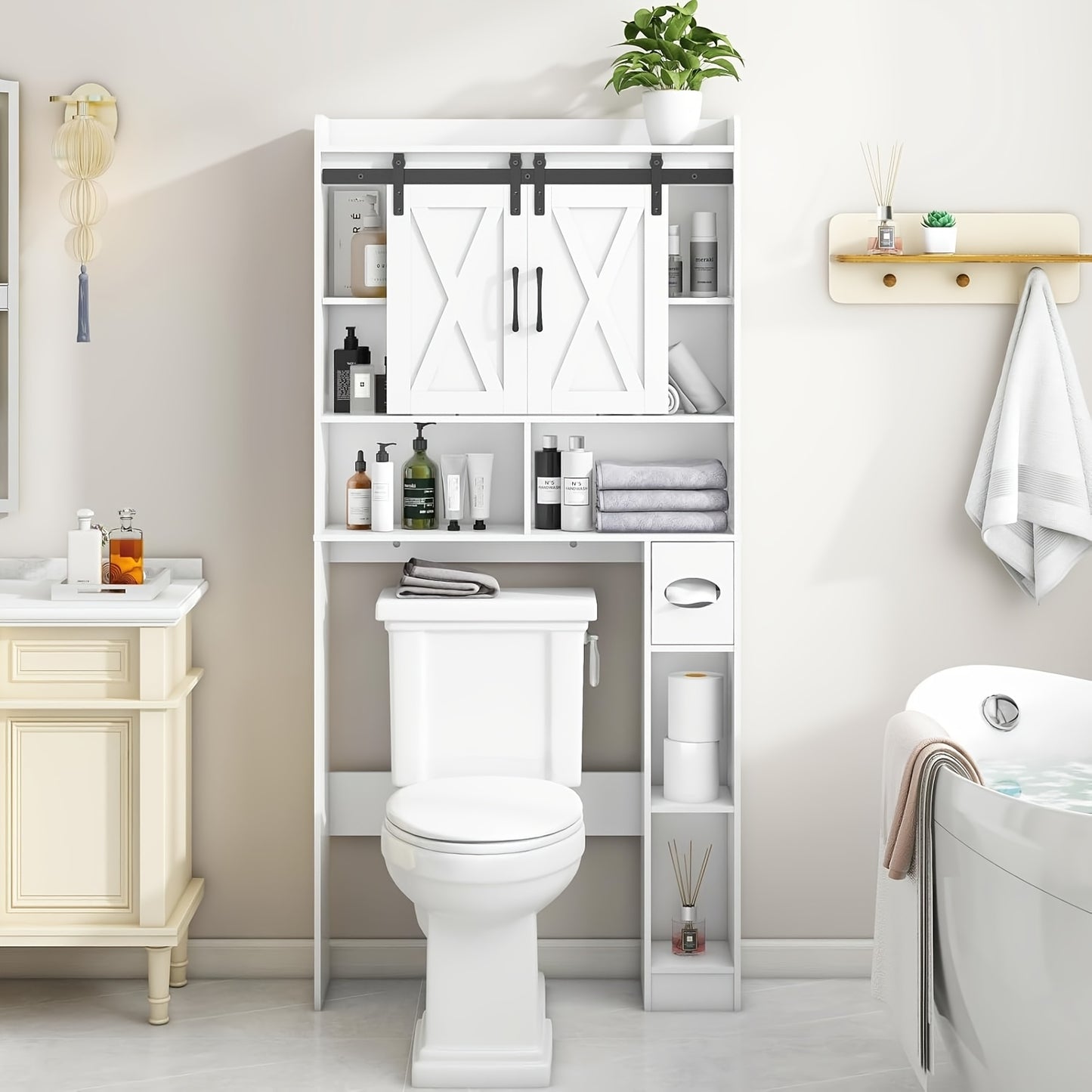Over The Toilet Storage Cabinet With Toilet Paper Holder Stand Space Saving Grey