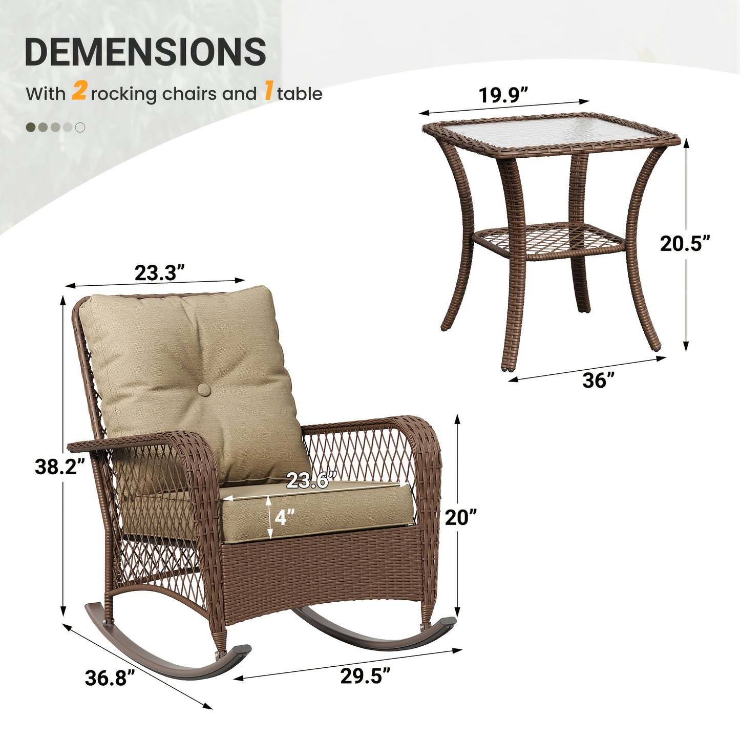 3pcs Patio Set Rocking, Rattan Outdoor Rocking Patio Bistro Set With 2 Rockers And 1 Side Table With 4'Thick Cushions For Backyard, Porch, Balcony, Poolside, And 1piece Of Chair Can Choose