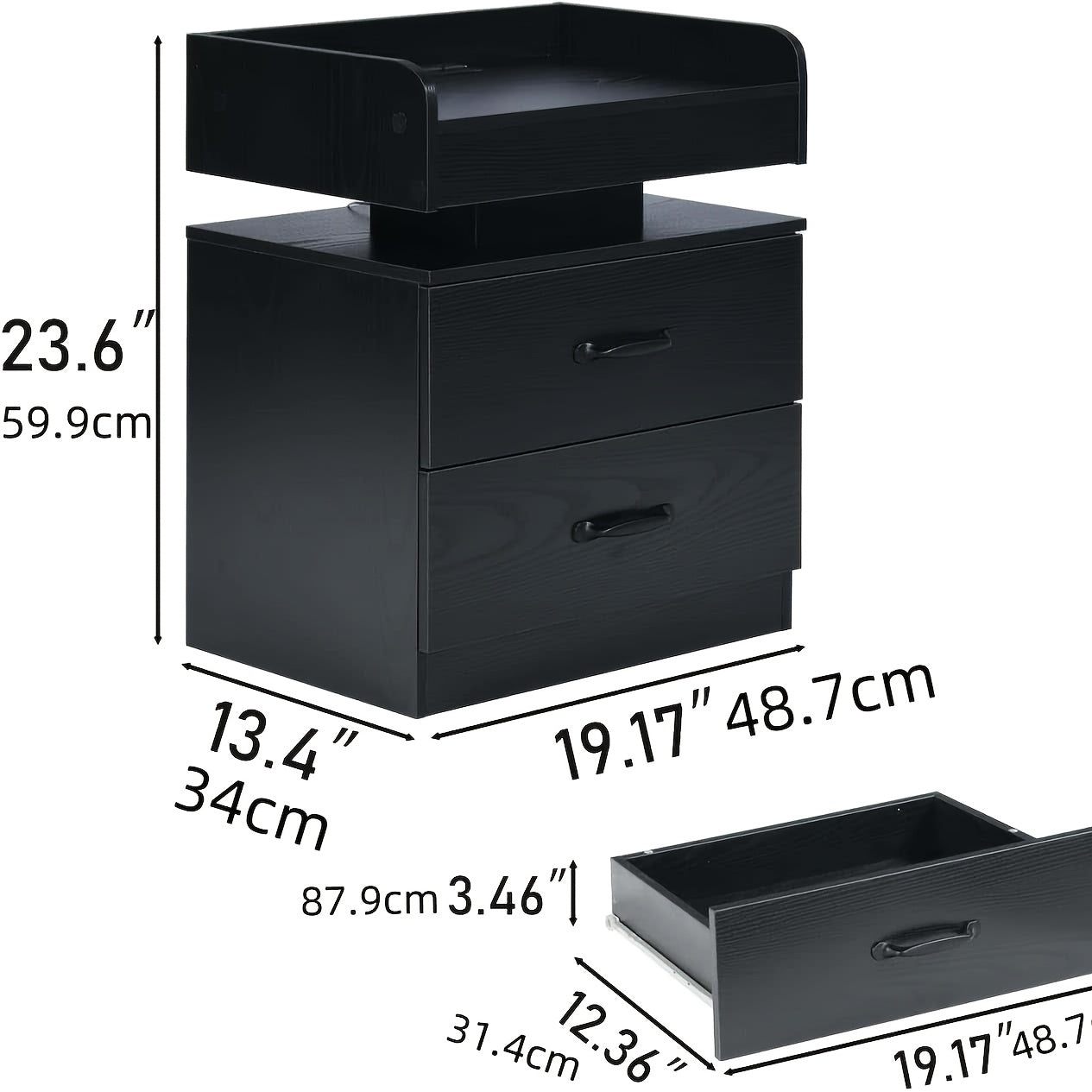 Nightstand With Charging Station And LED Lights Modern End Table With 2 Drawers