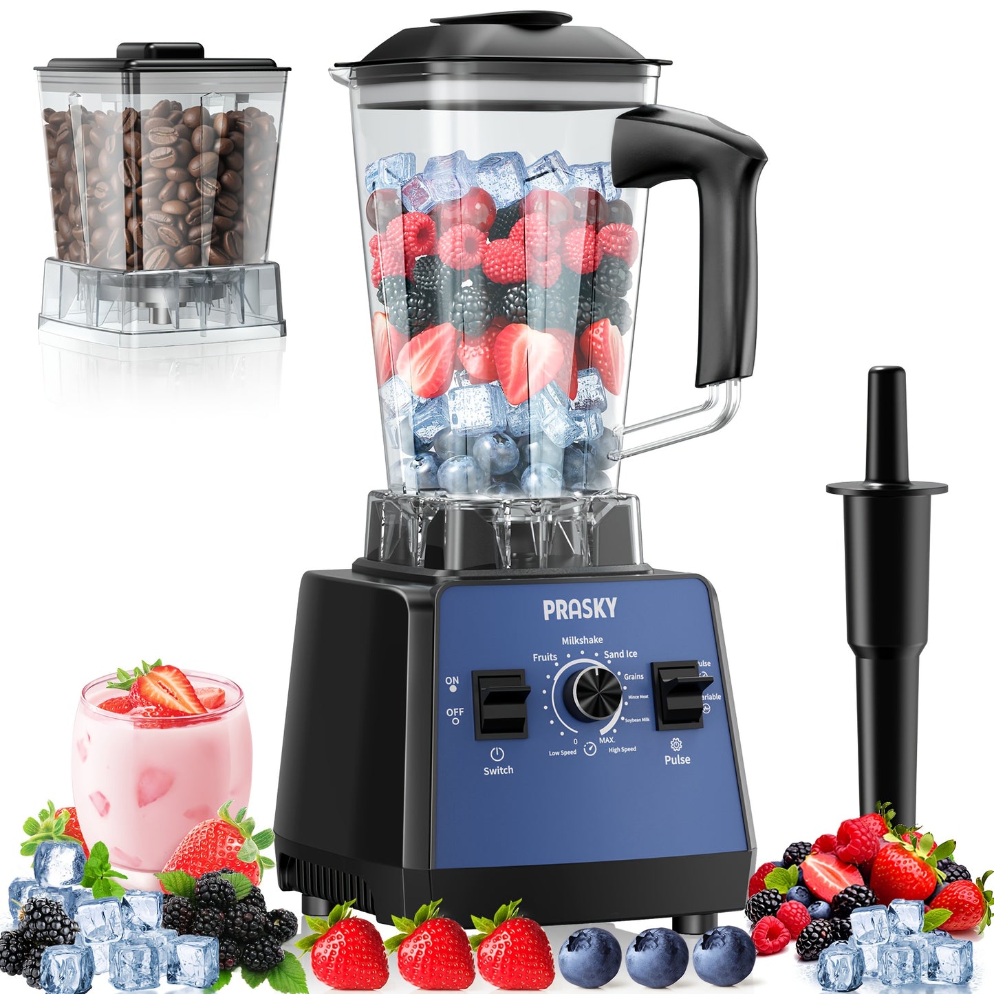 PRASKY 2400W Blender And Food Processor Combo 68oz 2 Containers 25000RPM
