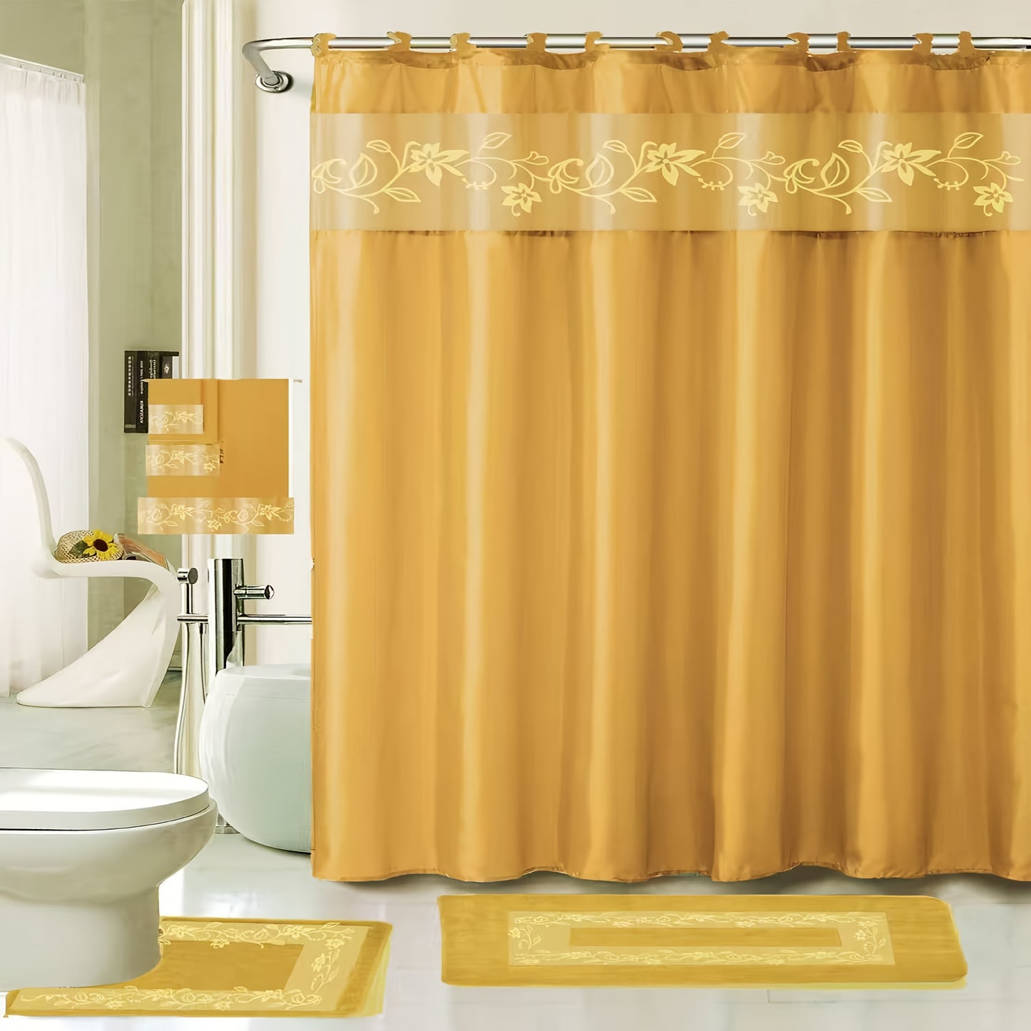 Shower Curtain Set With Embroidery And Non Slip Bath Rug Mats 3 Piece Towel Set