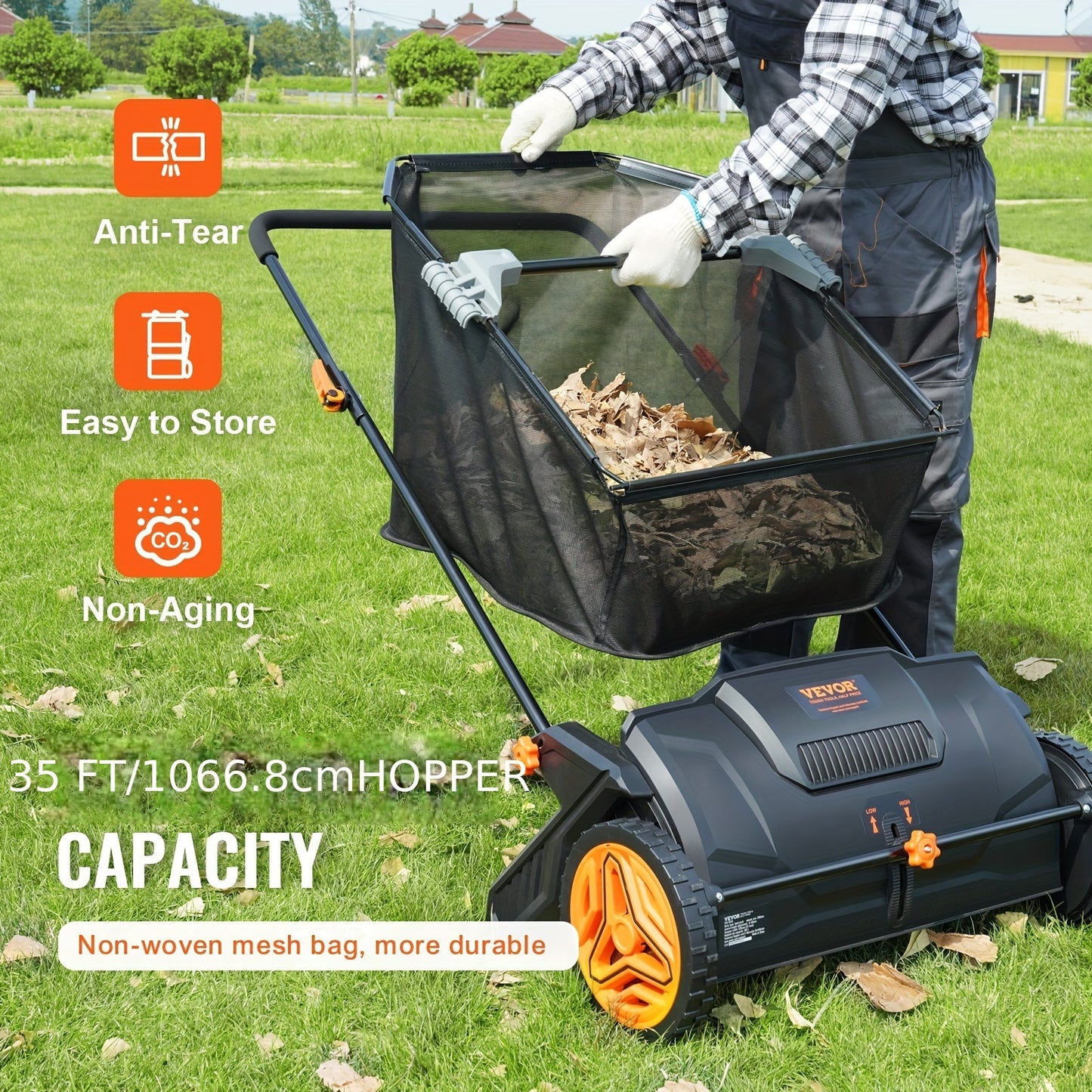 VEVOR Push Lawn Sweeper 21 Inch Leaf And Grass Collector 3.5 CuFt Hopper Brushes