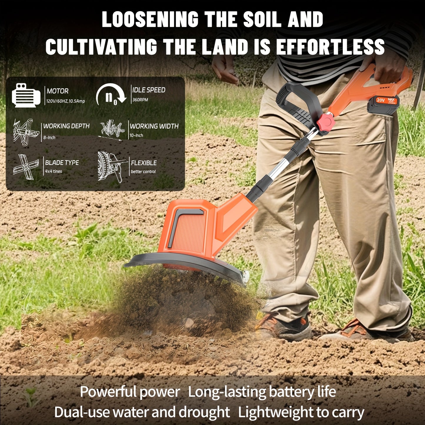 Cordless 20V Garden Tiller Rotary 9 Inch 360 RPM Portable