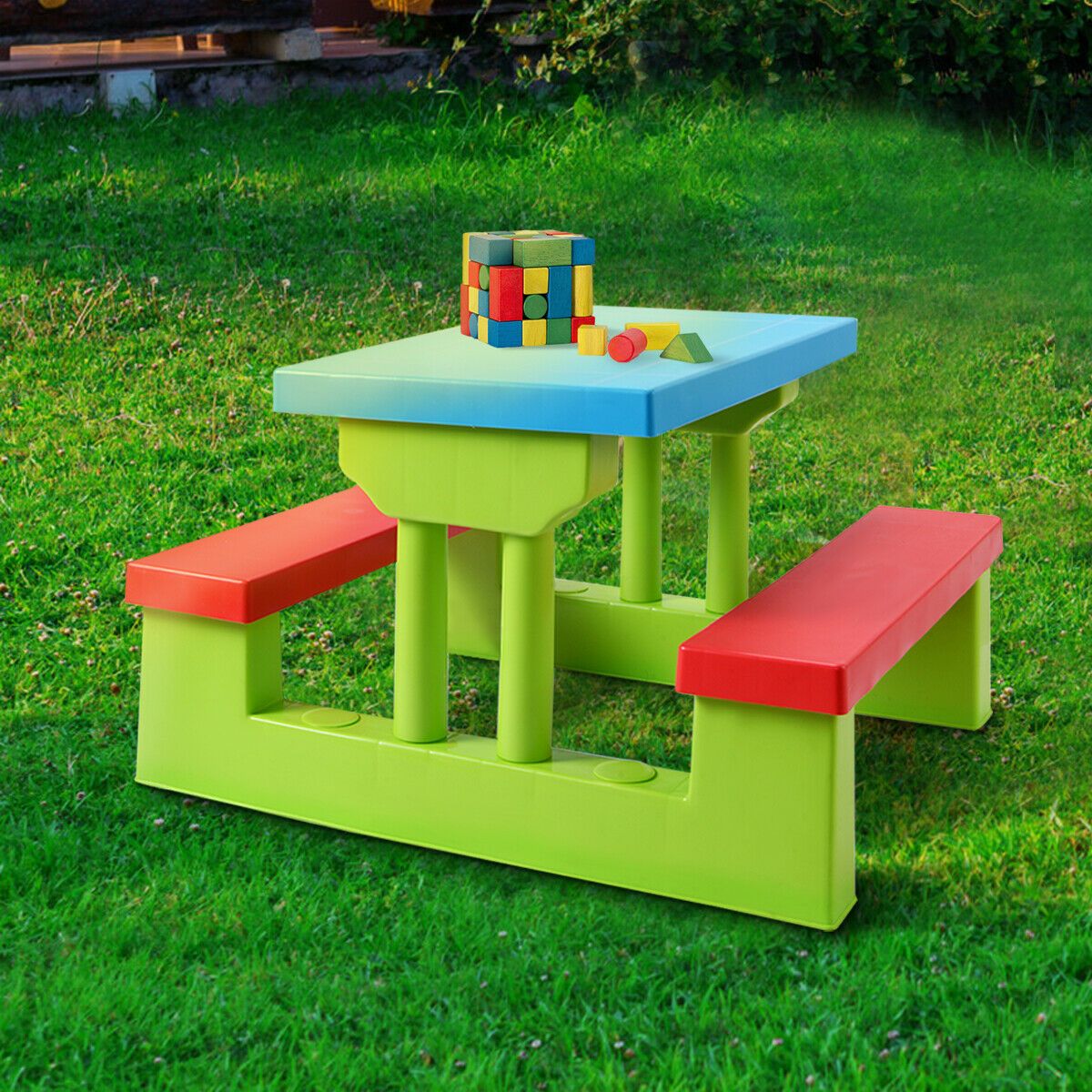 GYMAX Kids Picnic Table, Safe PP Table & Bench Set with Removable & Foldable Umbrella, Kids Activity Table Set Seat up to 4 Children for Backyard, Garden, Outdoors, Indoors., Portable Picnic Table, Picnic Table Foldable, Gard