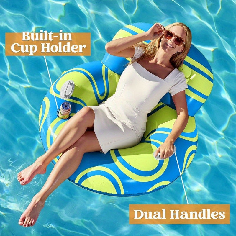 SYNCFUN Inflatable Pool Float Lounger - River Tube Floating Chair Sofa With Big Backrest, Blow Up Floaties Lake Raft Lounge With Mesh Bottom Handle Cup Holder Pool Party Toys For Adults(Blue Yellow)