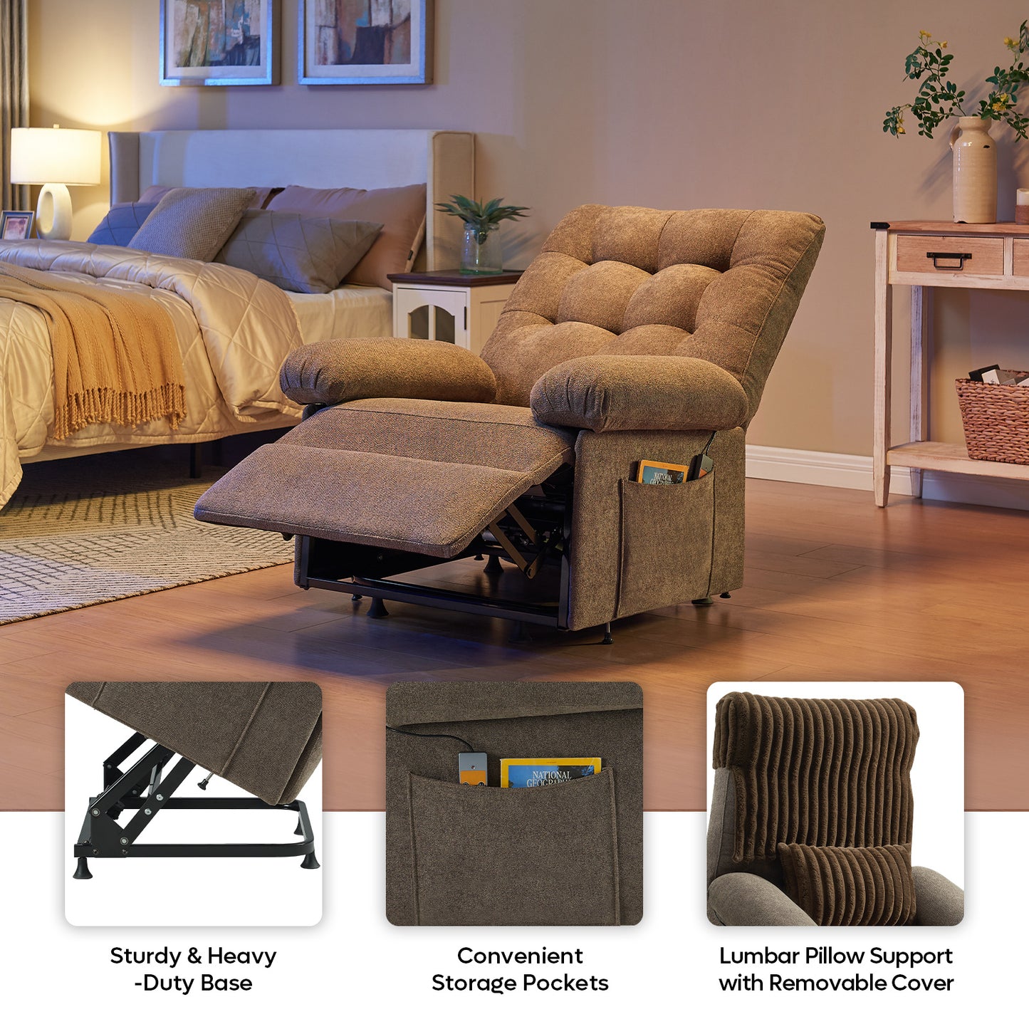 Triple Motor Power Lift Recliner Chair for Elderly Small with Removable Cover, Lumbar Pillow and Side Pocket, Infinite Positioning for Living Room, Bedroom