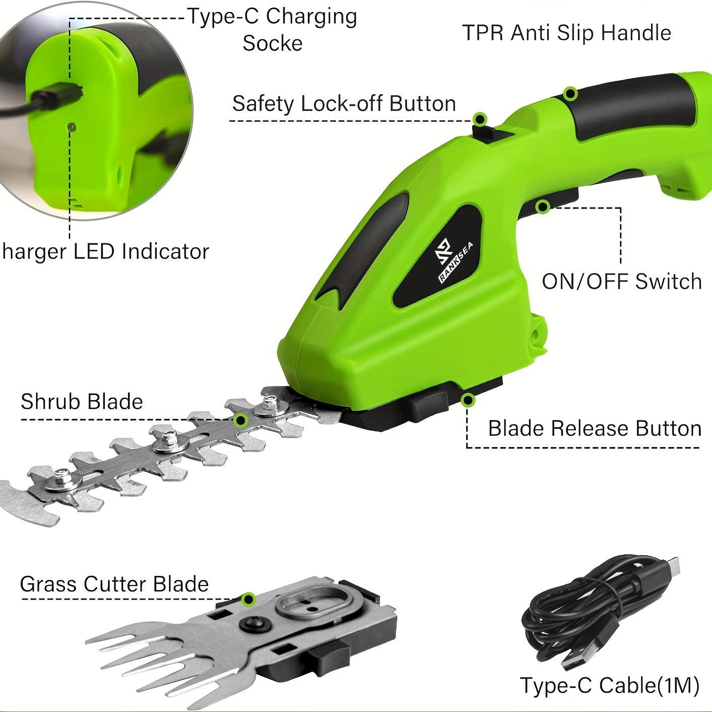 2-In-1 Cordless Hedge Trimmer And Grass Shears 1500mAh Battery Powered