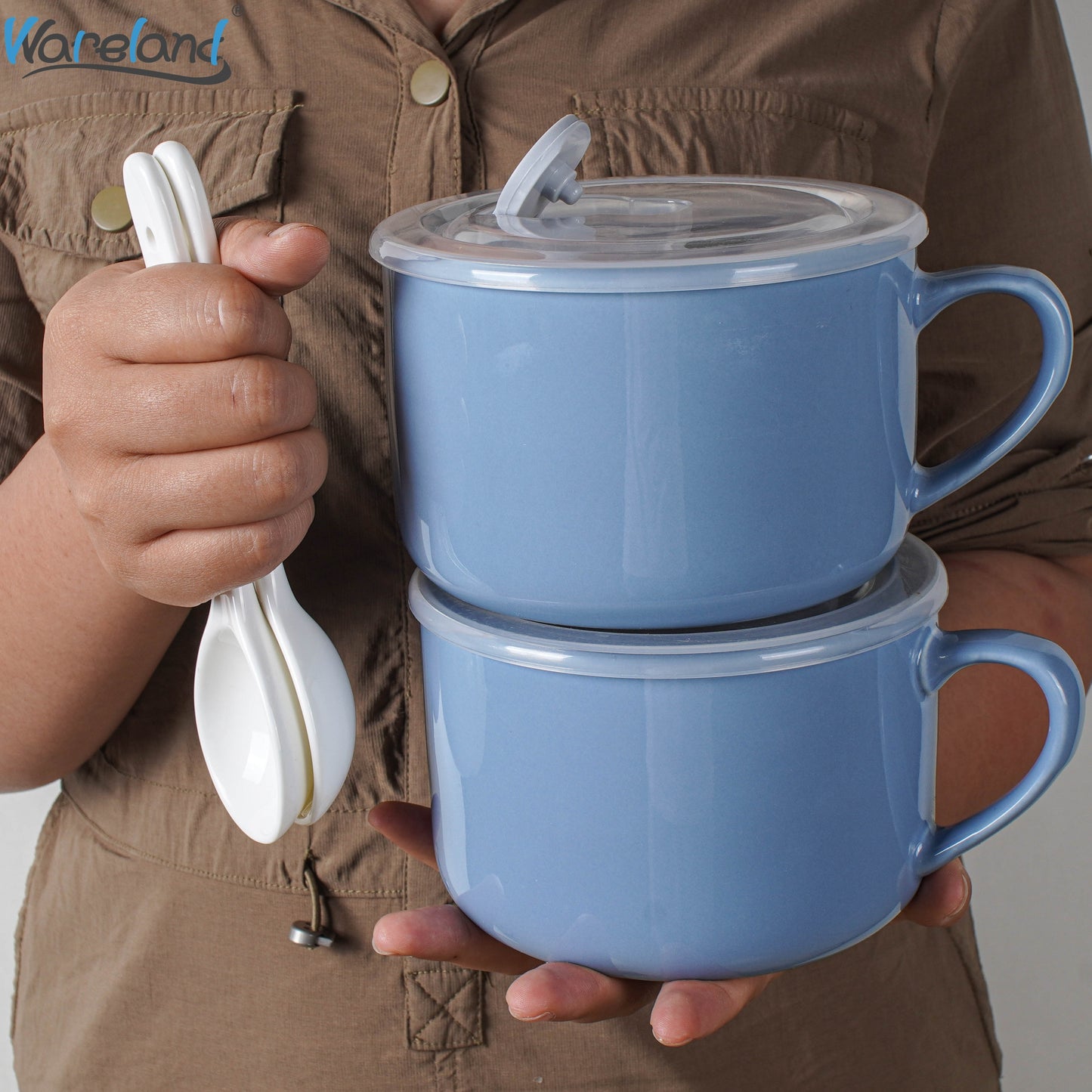 6pcs Soup Bowls with Handles & Spoons, 30oz Ceramic Ramen Bowl with Lid, Large Soup Mugs/Cups for Instant Noodle, Big Cereal Bowls for Oatmeal, Salad Containers with Lids, Mother's Day/Valentine's Day Gift